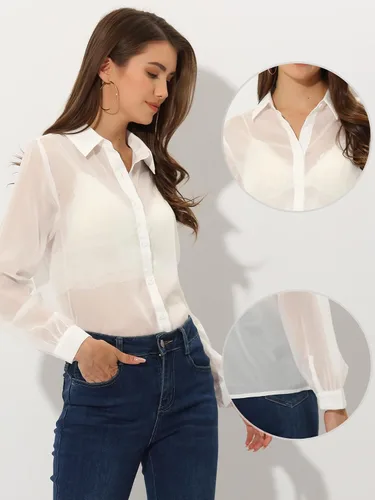 Vista 2 de Allegra K Blusa transparente con botones para mujer, camiseta de manga larga de malla transparente