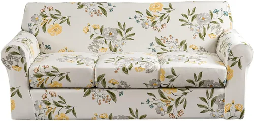 Vista 58 de KRFOONN Funda de sofá de 4 piezas con estampado para sofás de 3 cojines, funda elástica con 3 fundas de cojín separadas, protector de muebles