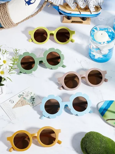 Vista 4 de Dunzy 16 pares de lentes de sol para niños, diseño de flores, lindos lentes de sol redondos para niñas y niños pequeños, fiesta en la playa, de 3 a