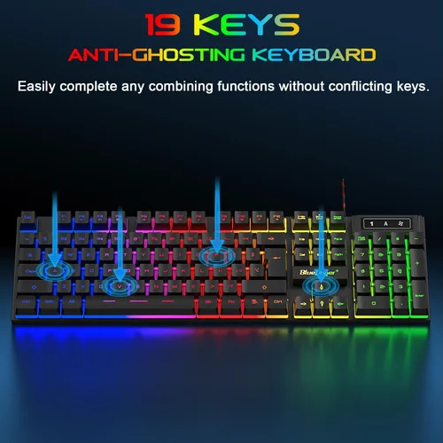 Vista 7 de BlueFinger Teclado para juegos USB con cable de tamaño completo, teclado retroiluminado con arco iris iluminado con teclas multimedia, escritura