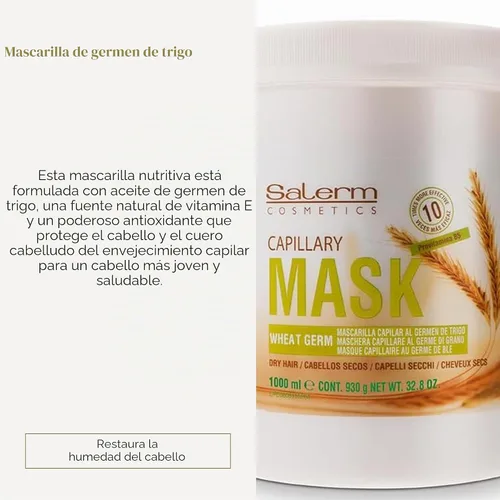 Vista 2 de Salerm - Máscara Capilar Nutritiva - 1000 ml - con Germen de Trigo - para Cabello Seco y Dañado - Hidratación Profunda del Cabello - Brillo