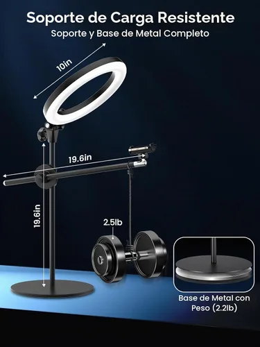 Vista 5 de Luz de anillo para selfie con soporte y soporte para teléfono, soporte de teléfono aéreo con luces de anillo de 10.5", luz circular de escritorio