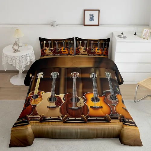Vista 36 de Castle Fairy Juego de edredón de botas de vaquero, tamaño individual, juego de ropa de cama bohemio con guitarra musical para niños y niños
