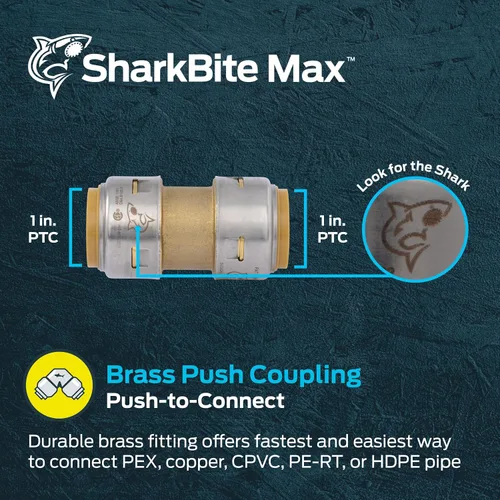 Vista 2 de SharkBite Max Acoplamiento de 1 Pulgada, Accesorio de Plomería de Latón de Conexión a Presión, Tubería PEX, Cobre, CPVC, PE-RT, HDPE, UR020A
