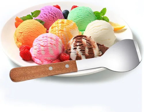 Vista 3 de 2 piezas de pala de helado, pala de helado de acero inoxidable con mango de madera, pala de metal para postre, hoja de mantequilla, raspador