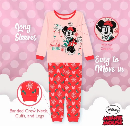 Vista 4 de Disney Conjunto de pijama de algodón a juego de 2 piezas de Minnie Mouse para niña, ajuste cómodo, suave y lindo para niñas