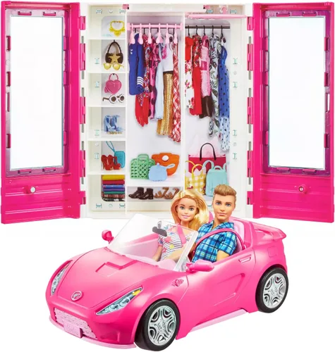 Vista 2 de Muñeca Barbie y Ken con su armario y coche convertible de dos plazas rosa. Incluye accesorios.
