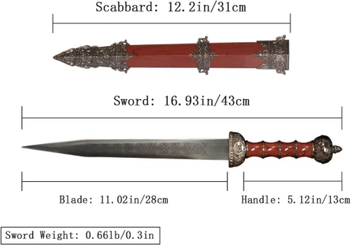 Vista 6 de Espada romana de Gladius occidental de 17 pulgadas, estilo corto de metal rojo y acero