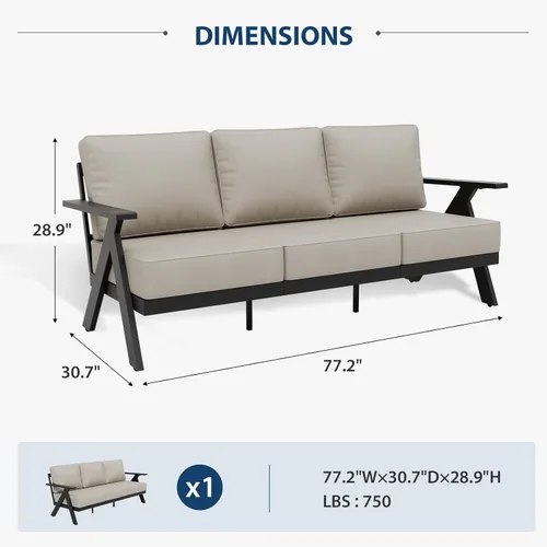 Vista 2 de Urban Anvil - Sofá de metal, sofá de patio al aire libre, marco de acero, sofá de 3 plazas para patio, terraza, negro/beige