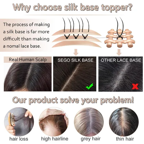 Vista 6 de SEGO SEGOHAIR - Toppers de cabello humano real para mujer, sin flequillo, más grande de 5.1 x 5.9 in, base de seda, densidad del 150 %, extensiones