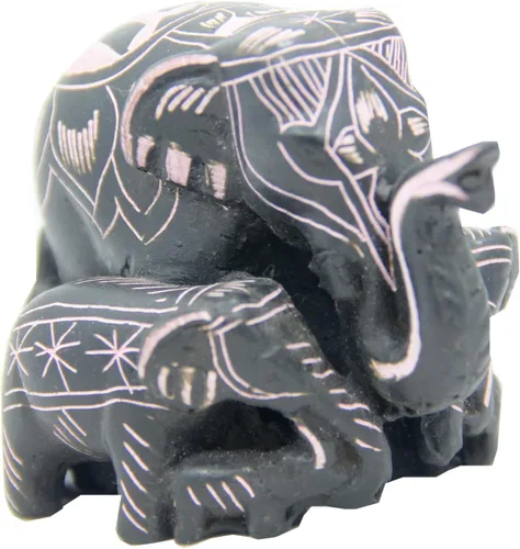 Vista 2 de Figura decorativa tallada a mano de la familia de elefantes Nepal (negro)