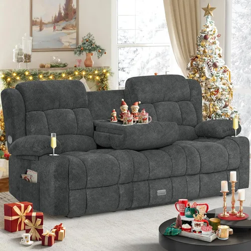 Vista 33 de Dresegmt - Juego de sofá reclinable con consola, diseño de respaldo central abatible, sofá de 3 plazas y sillón reclinable individual, sofás Gris
