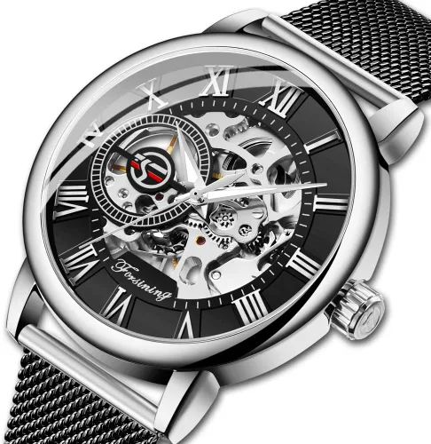 Vista 2 de Dentily Reloj de esqueleto para hombre clásico con número romano Steampunk Reloj mecánico Relojes de viento para hombre (azul)
