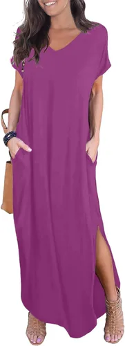 Vista 15 de GRECERELLE - Vestido largo para mujer, holgado, con bolsillos, manga corta y abertura lateral, estilo informal Verde militar