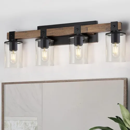 Vista 10 de DUJAHMLAND Lámpara de tocador de granja, lámpara de pared de madera de baño de 3 luces sobre espejo con pantalla de vidrio transparente, iluminación