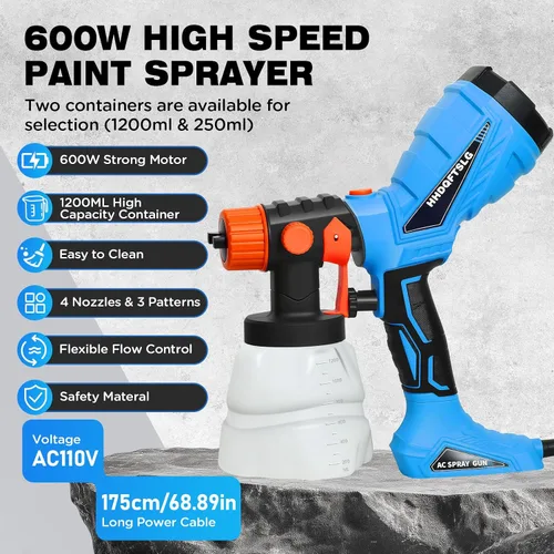 Vista 2 de Pulverizador de pintura con pistola de pulverización HVLP de 600 W, pistola pulverizadora de pintura eléctrica con contenedor de 40.6 fl oz y 8.5 fl