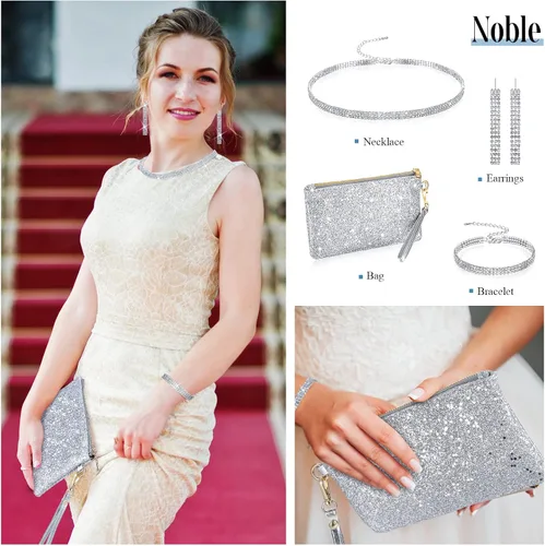 Vista 7 de Sanwuta 4 Pcs Silver Clutch Purses Women Evening Rhinestone Jewelry Set Necklace Earrings Bracelet Prom Christmas Accessories