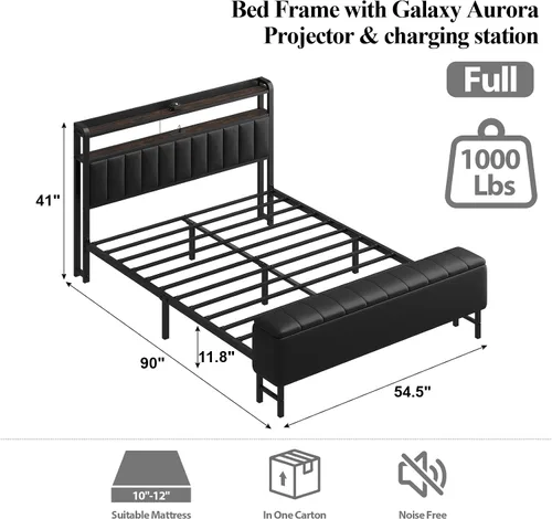 Vista 2 de Base de cama de plataforma de tamaño matrimonial con cabecera de almacenamiento, proyector de estrellas, color negro Charging Station, Heavy-Duty