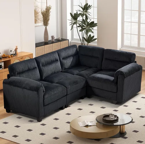 Vista 43 de HAOMARKETS Sofá esquinero modular en forma de L de 115 pulgadas con 2 otomanas móviles, sofás de pana de 8 plazas con cojín grueso para sala de Beige