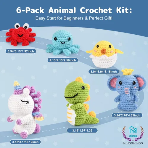Vista 2 de MINGOMINGO Kit de ganchillo para principiantes y niños, 6 animales amigurumi, juego de regalo de manualidades para el día de la madre, tutoriales