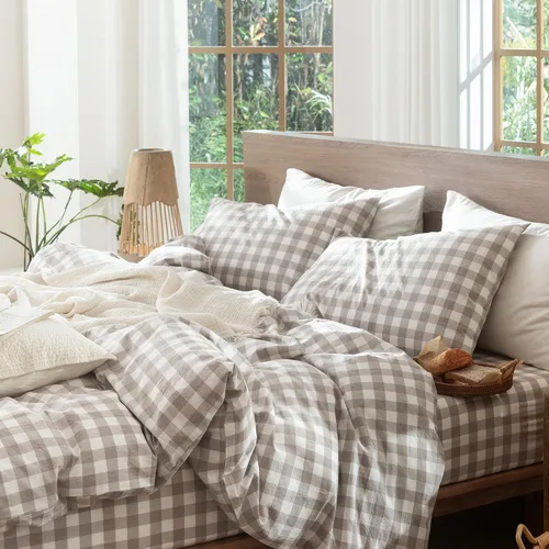 Vista 2 de MooMee Juego de 2 fundas de almohada de cuadros 100% algodón lavado con textura parecida al lino, transpirable, duradera, suave y cómoda