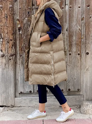 Vista 3 de Avilego Chaleco largo con capucha para mujer, con cierre completo, sin mangas, acolchado, chaqueta de moda