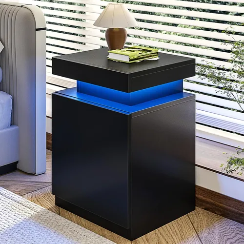 Vista 13 de oneinmil Juego de 2 mesitas de noche con luces LED, mesita de noche con armario de almacenamiento para dormitorio, mesita de noche con LED