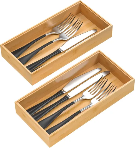 Vista 11 de VeyFey Bandeja de cubiertos para cajón, organizador apilable de bambú para cajones de cocina, 9 x 3 x 2 pulgadas, juego de 2