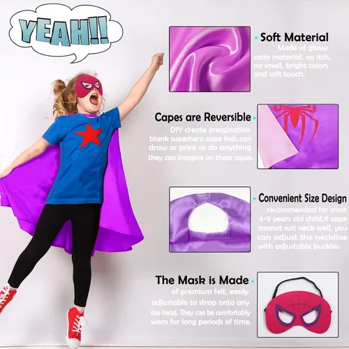 Vista 6 de Dajiahao Superhero Capes for Kids 4-10 Year Double Side Superhero Costume Cosplay Dress Up Cape for Boy Birthday Party Gifts