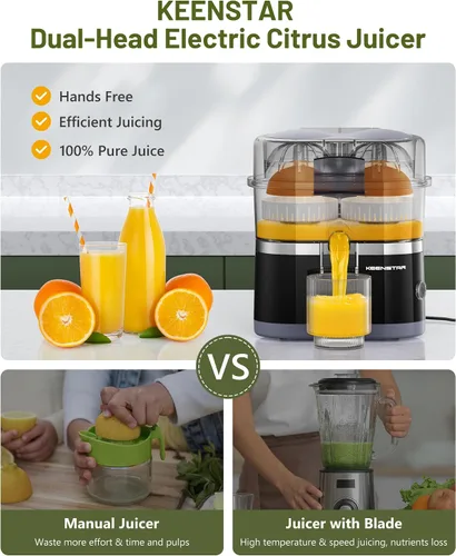 Vista 9 de KEENSTAR Exprimidor eléctrico de cítricos, exprimidor de naranja de doble cabeza, exprimidor portátil con cepillo de limpieza para limón, pomelo