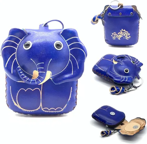 Vista 10 de Handmade Vintage Genuine Leather 3D Animal Elephant Coin Purse With Removable Wrist Strap (Brown)