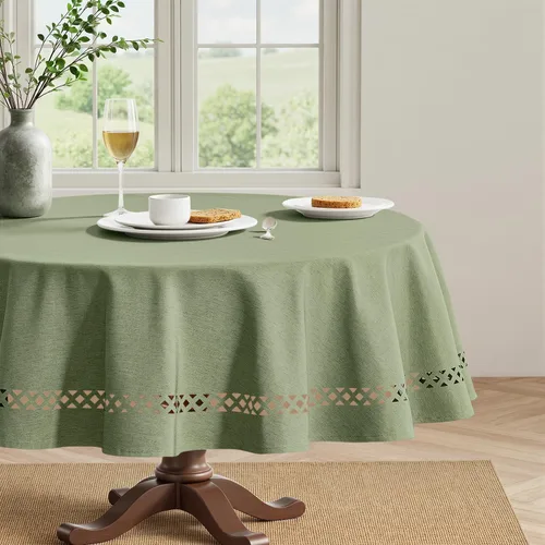 Vista 23 de MIULEE Mantel redondo de poliéster de lino beige con recortes decorativos, impermeable, resistente a las manchas y al encogimiento, 60 x 60