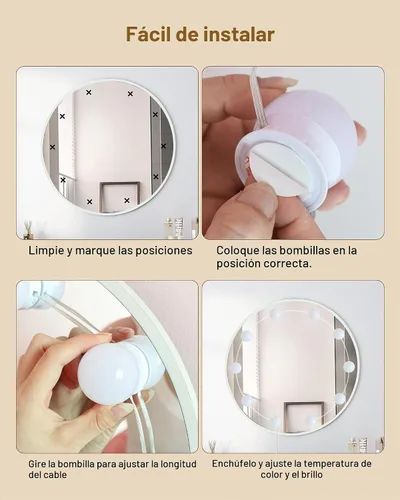 Vista 8 de 10 Bombillas Luces LED de Tocador para Espejo, 3000K 4000K 6500K y 10 Niveles de Brillo, Longitud de Cable Ajustable, Cable USB, Luces de Espejo