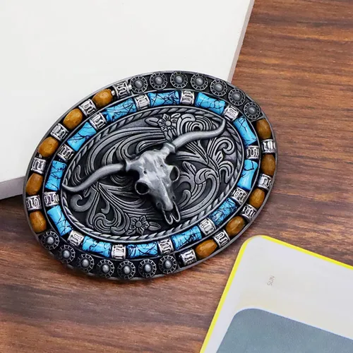 Vista 20 de RechicGu Hebilla de cinturón ovalada de calavera de toro de cuerno largo, cuentas de madera turquesa nativa americana, hebillas de vaquero