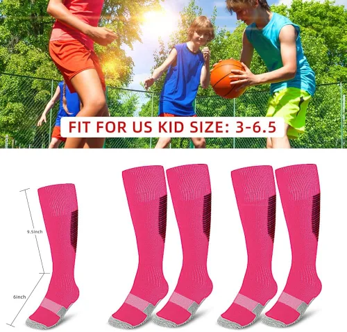Vista 3 de ZEPOHCK Calcetines deportivos de fútbol para niños, 2 pares de calcetines hasta la rodilla para jóvenes y niñas para talla de zapato de 3 a 6.5