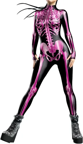 Vista 5 de Bemeiren Disfraz de esqueleto de metal para Halloween, overol de calavera para mujer, overol elástico 3D, traje de cosplay