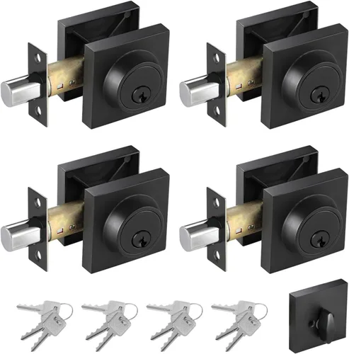 Vista 13 de Cerradura cuadrada de un solo cilindro moderno con llaves, cerrojo negro mate para entrada de puerta delantera, cerradura de seguridad de puerta