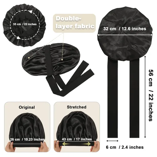 Vista 2 de Gorro de satén para mujer, con banda de amarre para el cabello, para dormir, grande de 2 capas, gorro de dormir de seda para dormir con 3 coleteros
