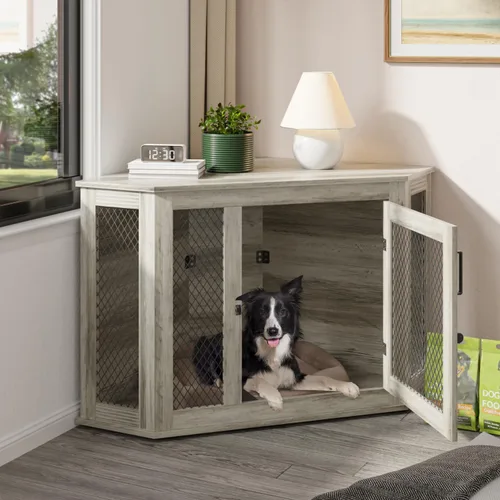 Vista 8 de PUKAMI Mueble esquinero de 52 pulgadas para perros, muebles de madera para perreras con malla, casa decorativa de madera para perros