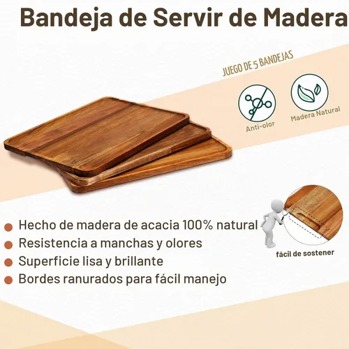 Vista 4 de Roowest - Paquete de 5 bandejas de madera maciza de acacia para alimentos Grabado láser, tablero rectangular de madera para aperitivo, bandeja