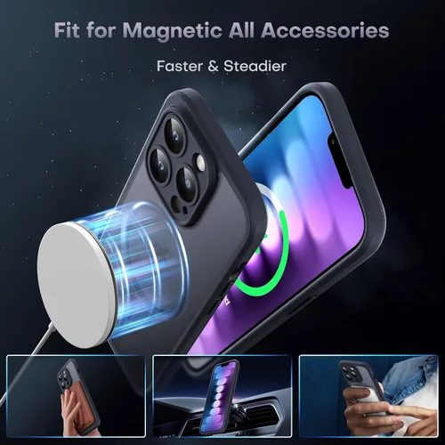 Vista 604 de TOCOL Funda magnética 3 en 1 para iPhone 15 Pro, mejorada [protección completa de cámara] con 2 protectores de pantalla, compatible con MagSafe Gris