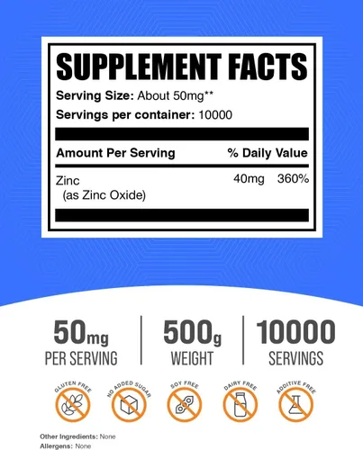 Vista 2 de BulkSupplements. com Polvo de óxido de zinc – Suplemento de óxido de zinc, suplemento mineral para apoyo inmunológico – Sin gluten, 50 mg por