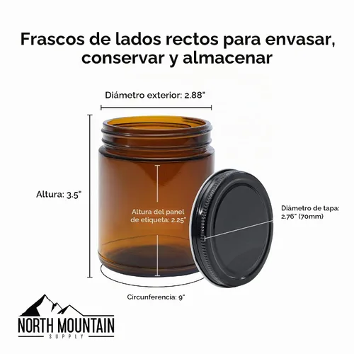 Vista 2 de North Mountain Supply - Tarros de vidrio ámbar de 9 onzas, con tapas de metal dorado de 70 mm, lados rectos - Caja de 12