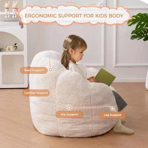 Vista 7 de MAXYOYO Puf para niños, sofá de puf en forma de floral, sofá de felpa de piel sintética para niños y niñas, sofá acogedor para guardería, Beige