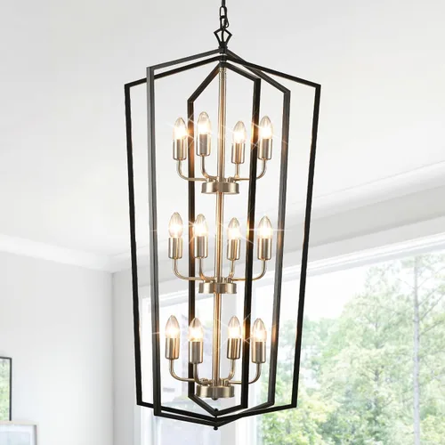 Vista 9 de WJShome Lámpara Colgante de Linterna de 12 Luces, Candelabros de Vestíbulo para Techos Altos, para Entrada, Vestíbulo, Isla de Cocina, Comedor, Sala