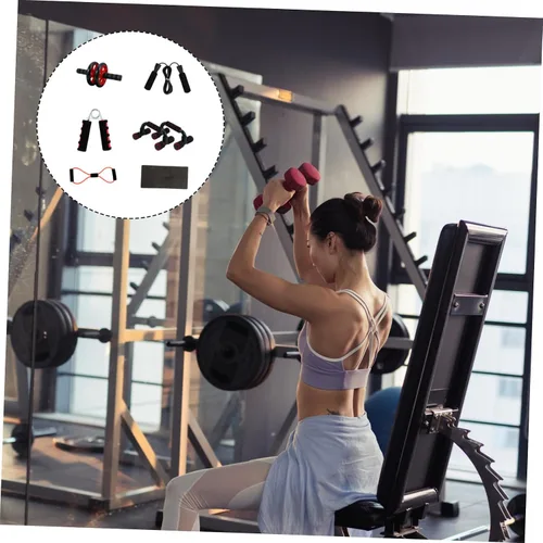 Vista 8 de Kit de rodillo de abdominales de doble rueda roja con barras de flexión, herramienta de agarre de cuerda elástica para fortalecer el núcleo