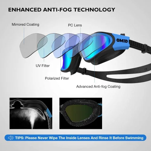 Vista 3 de OMID Gafas de natación, cómodas gafas de natación polarizadas, a prueba de fugas, protección UV, visión transparente, triatlón, con bolsa protectora