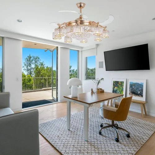 Vista 7 de Ventilador de techo de cristal de 42 pulgadas con luz y control remoto, ventilador de techo de lujo de oro rosa con aspas retráctiles, ventilador