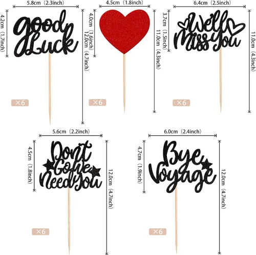Vista 2 de 30 piezas de adornos para cupcakes con purpurina «We Will Miss You» Don't Go We Need You Bye Voyage Good Luck Heart Cupcake Picks para despedida