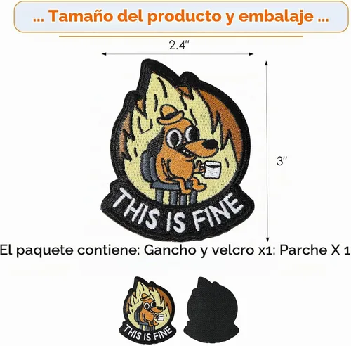 Vista 6 de XMJY Parche de Perro This is Fine, 1 Pieza Parches Bordados con Meme Divertido, Parche Táctico Militar de Ánimo con Respaldo de Cierre de Gancho